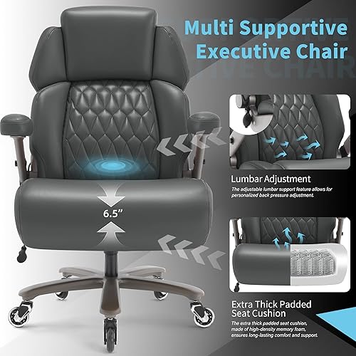 Miniatura 8 de Silla de oficina grande y alta de 700 libras, reposacabezas ajustable y soporte lumbar, brazos abatibles 3D, ruedas grandes y base de metal