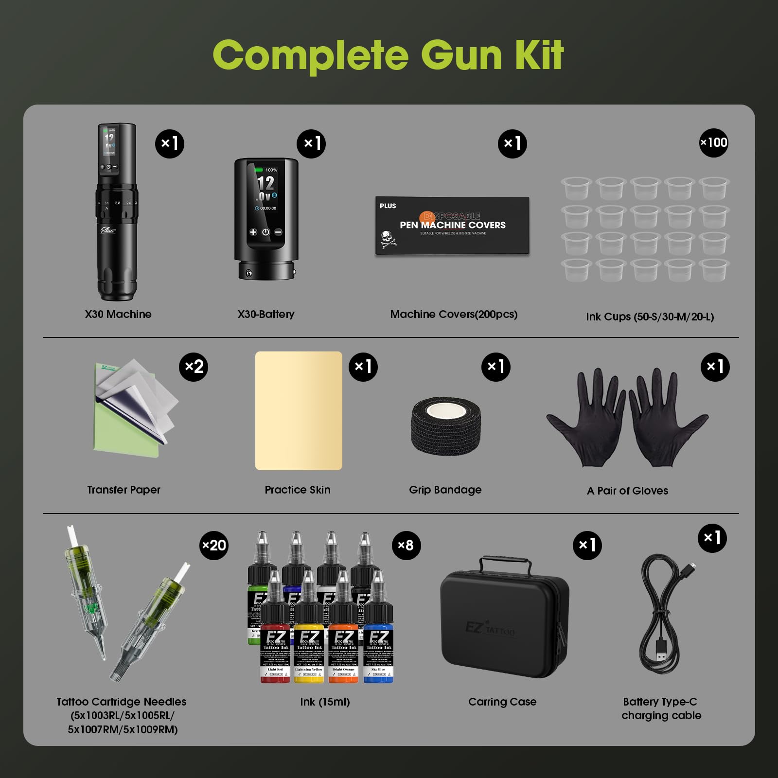 EZ Kit de Tatuaje - Kit de Máquina de Tatuar con 7 Strokes 2.0-4.0mm Máquina de Tatuar Inalámbrica, Batería de Alimentación de 1600mAh, 20Pzs Agujas Tatuaje para Tatuadores (X30)