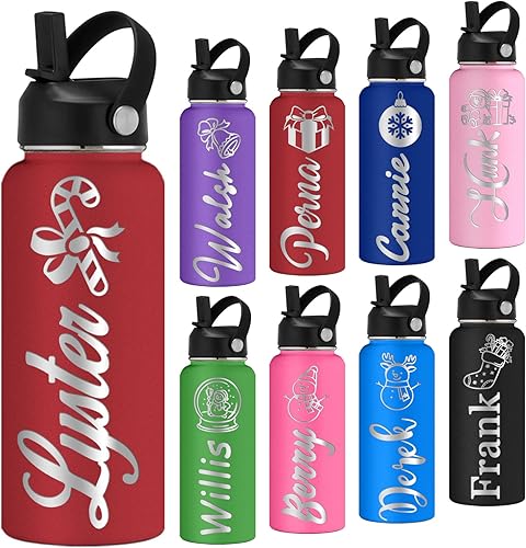 Miniatura 13 de Botellas de agua personalizadas con pajilla, botella de agua deportiva de acero inoxidable personalizada de 24 onzas con nombre grabado, botellas