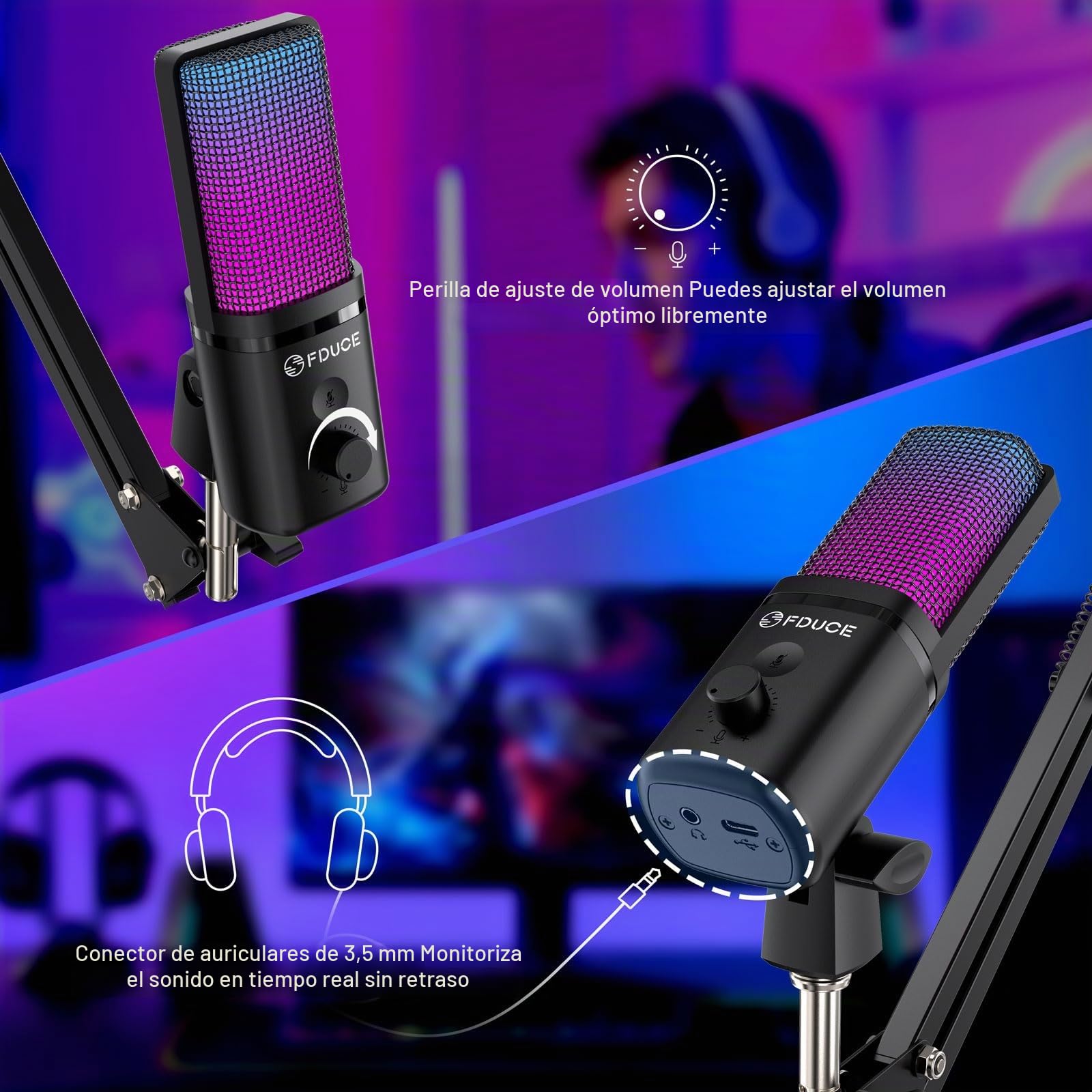 FDUCE Kit de micrófono USB para juegos para PC,micrófono de condensador RGB con conector para monitor,silencio rápido,control de ganancia,filtro pop,brazo de micrófono para streaming,podcasting,juegos
