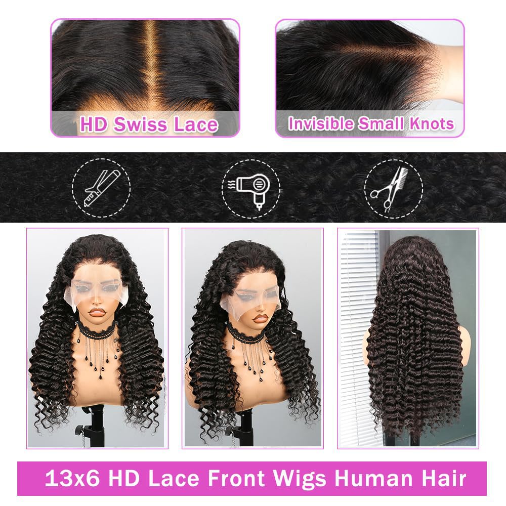 Brazilian Virgin Deep Wave Human Hair 13x6 Lace Front Wigs 34 Inch 100% Unprocessed Pre Plucked 200 Density Deep Curly Human Hair Hd Lace Frontal Glueless Wig Natural Color - Image 2