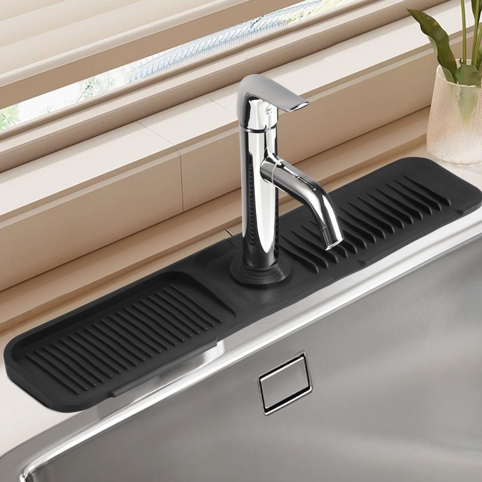 Photo 1 of Silicone Faucet Mat Gen 2 - Kitchen Sink Splash Guard With Outlet & Slope Upgraded - Faucet Draining Mat for Kitchen, Bathroom A(24" x 5.5") Black