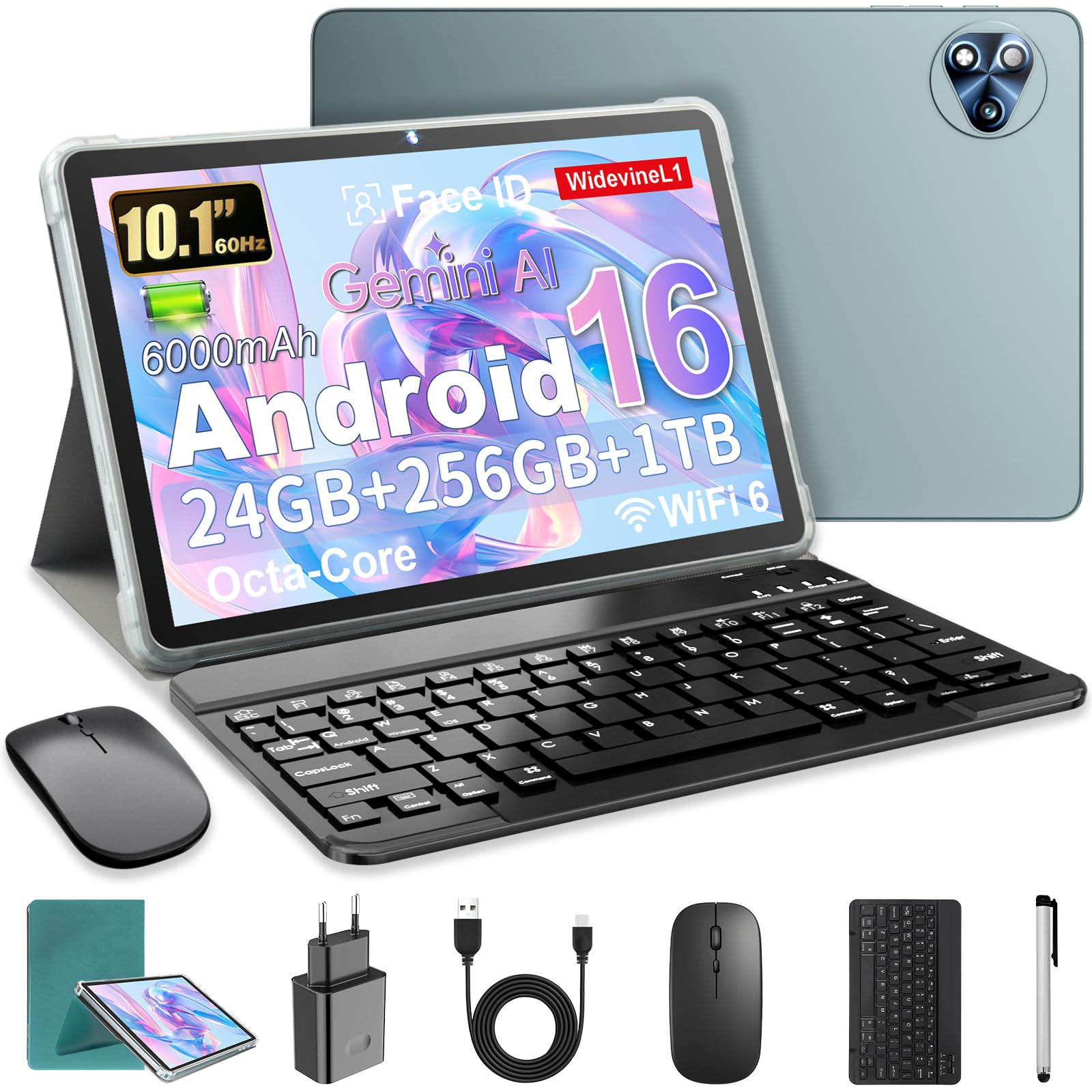Android 16 Tablet 10 Pollici con Gemini AI, Tablet con Tastiera, Mouse & Stilo, Octa-Core, 24 GB RAM + 256 GB ROM + 1 TB TF, 1920x1200 Display HD, Fotocamera Doppia 8MP + 13MP, 6000 mAh (Cover Verde)