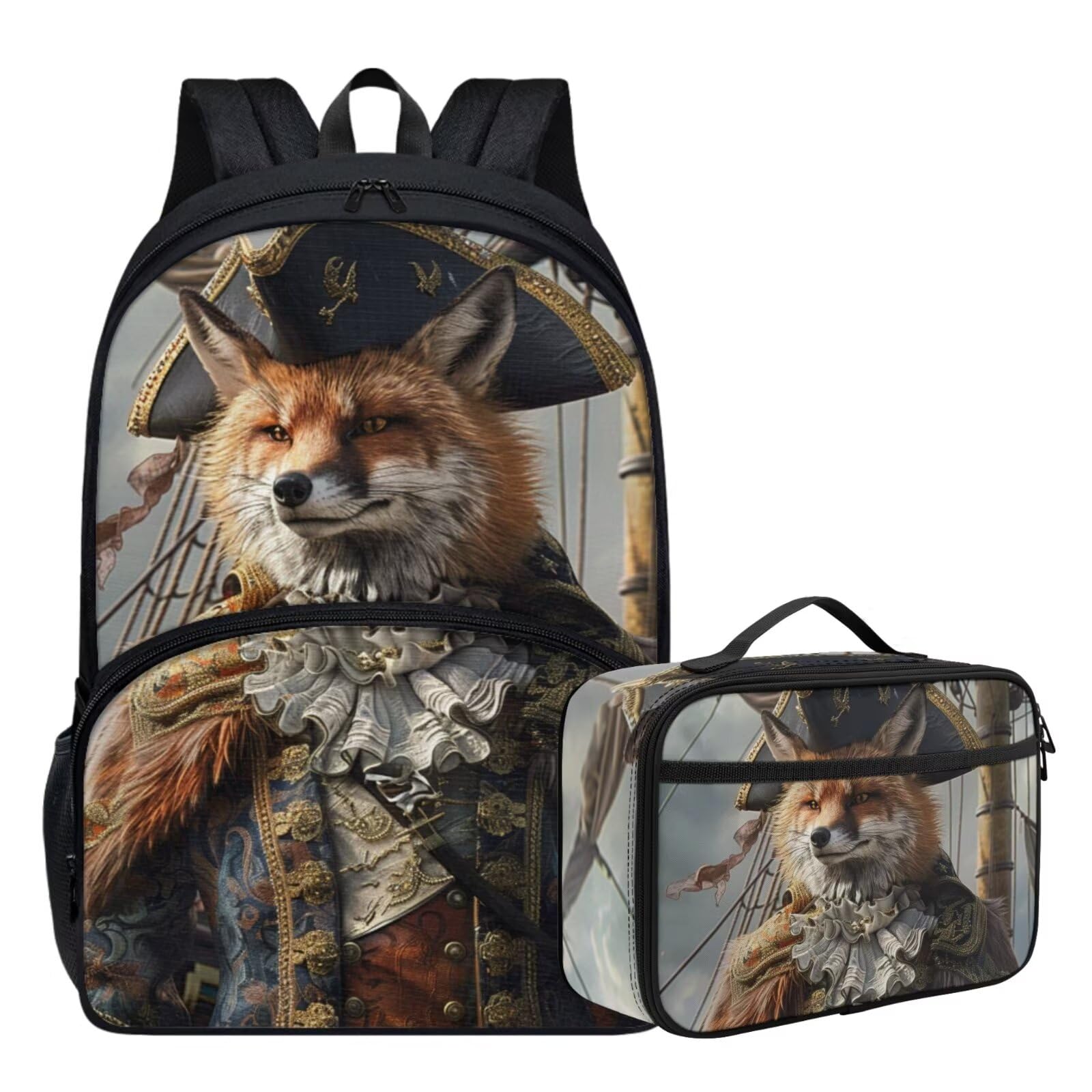 Cute Animal Backpack Set for Girls Boys 17 Inch Realistic Cool Pirate Fox Backpack with Lunch Box for Kids Elementary Student Padded Back Lightweight