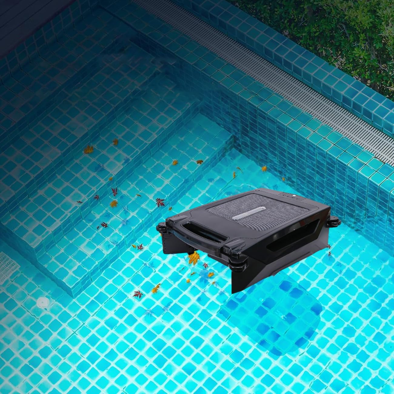Robot pulitore per piscine senza fili Skimmer per piscine con batteria da 2500 Mha/Cestino per detriti di grande capacità, batteria e alimentazione solare, 5-10m/minuto, capacità di filtraggio 80㎡
