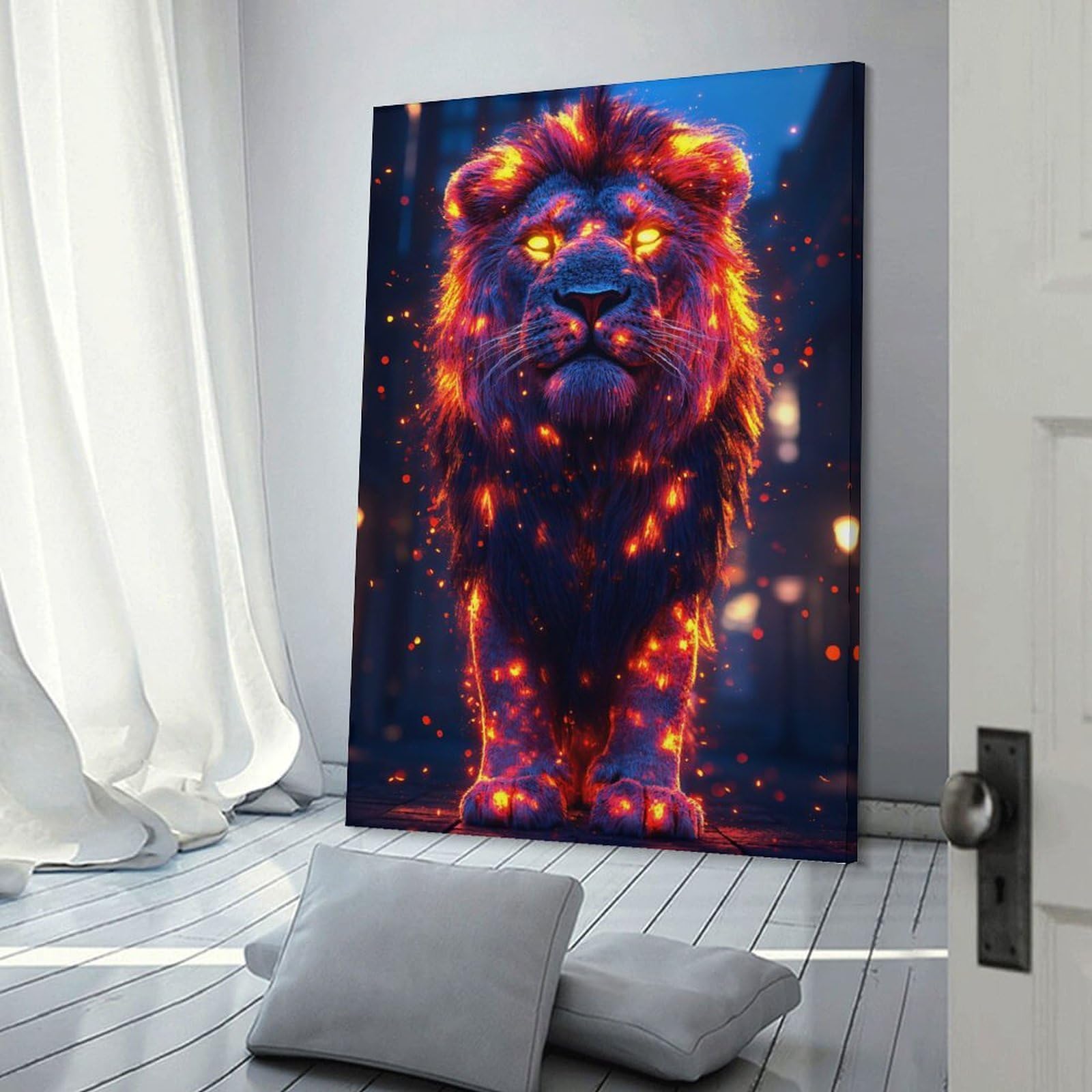 Junmoney Fiery Lion in Urban Setting Canvas Wall Decor, 24x36inch(60x90cm), for Office, Study Or Home Workspace, Wall Art That Adds Style to Work Areas