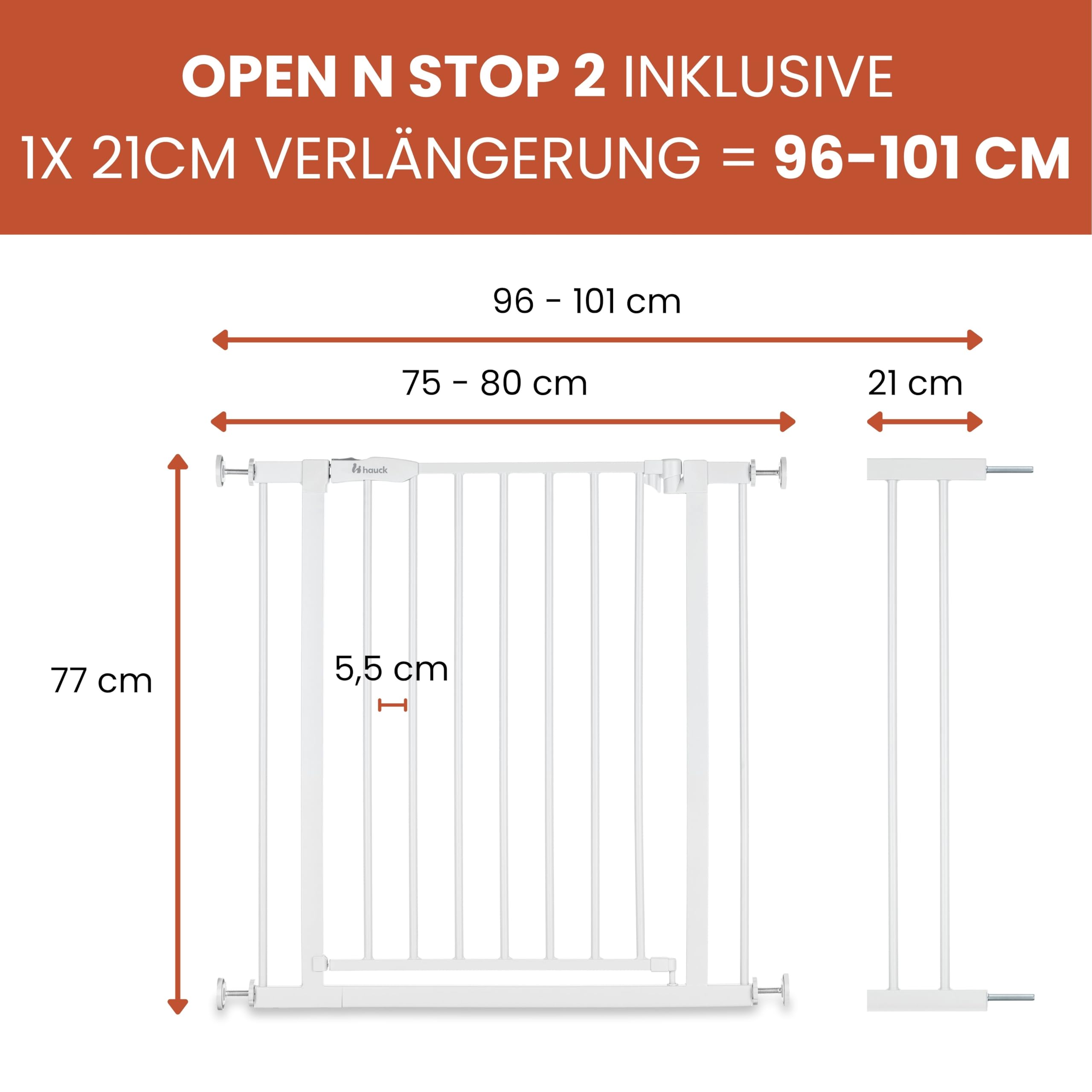 Hauck Standard Türschutzgitter ohne Bohren mit 21 cm Verlängerung, Weiß, verstellbar 96-101 cm, Einhand Öffnung, für Kinder & Hunde