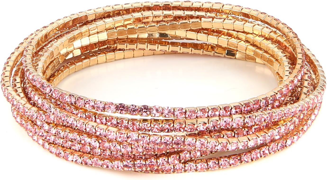 HZMAN 10 Pcs Tennis Bracelets Set for Women 14K Gold Plated Dainty Cubic Zirconia Adjustable Stackable Stretch Bracelet Wedding Party Jewelry Gift