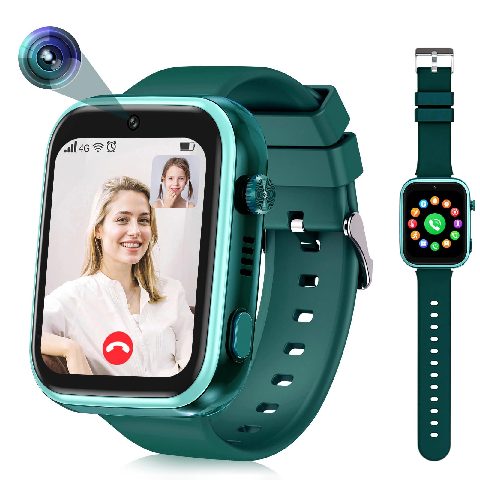 OKYUK Smartwatch dziecięcy 4G z trackerem GPS, dwukierunkowe połączenia, SOS, smartwatch z wieloma stylami pulpitu do wyboru dla 6-12 chłopców i dziewczynek (ciemnozielony)
