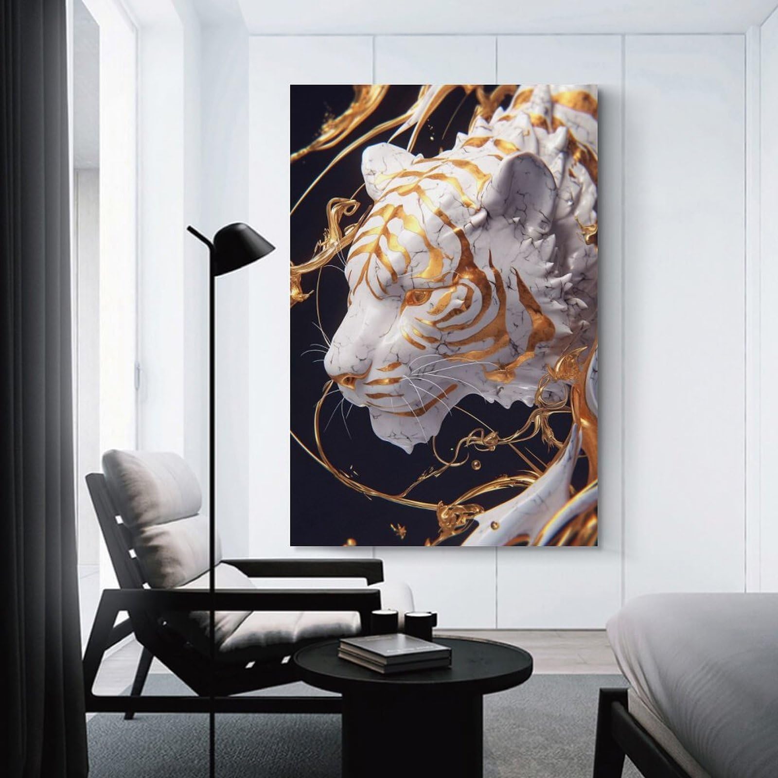 Junmoney Marble Tiger with Golden Accents Canvas Wall Picture, 24x36inch(60x90cm), for Home, Office, Studio Or Guest Room, A Flexible Wall Accent for Shared Spaces