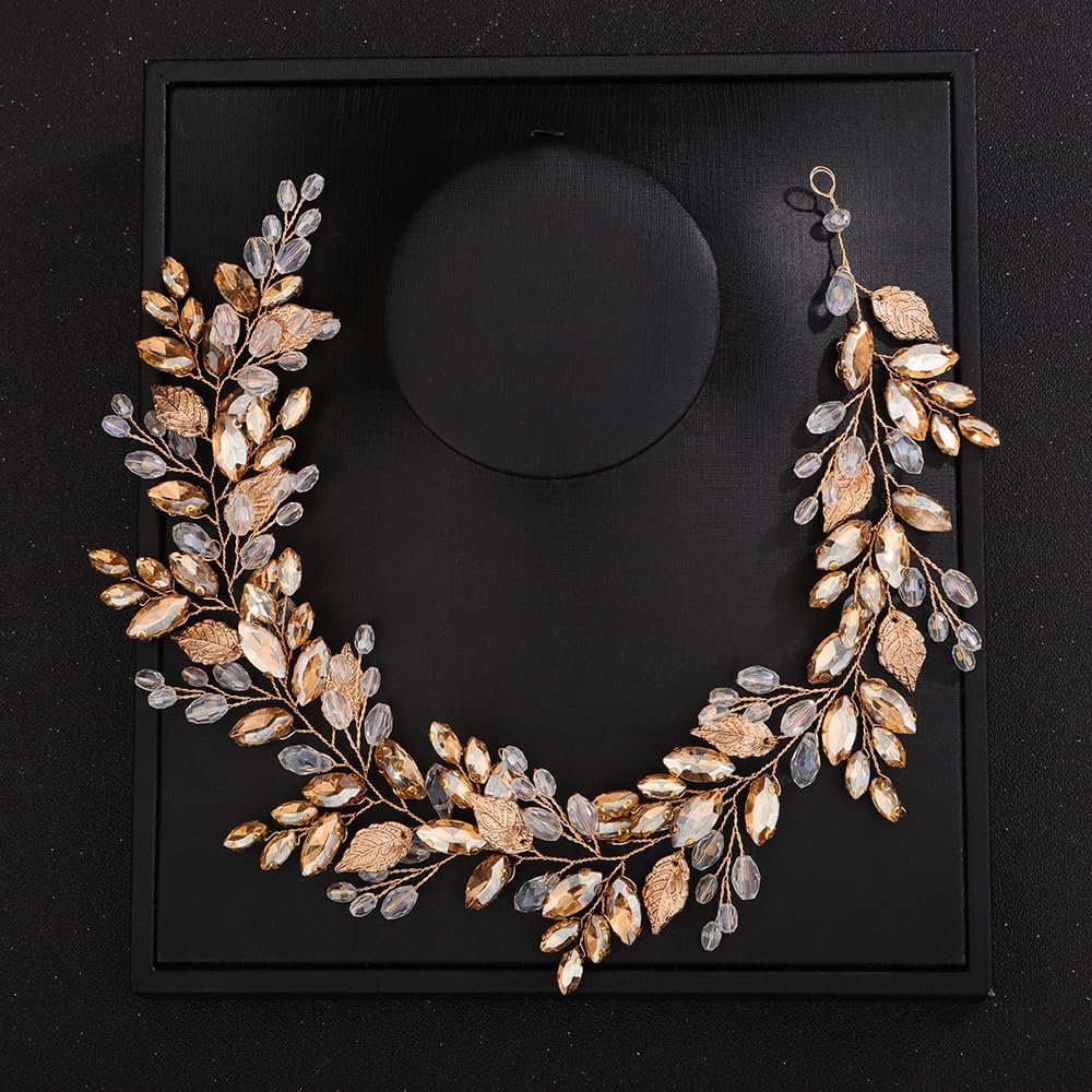 DeniferymakeupRhinestone Bridal Hair Vine Crystal Wedding Headband Rhinestone Bride Headpiece Leaf Hair Accessories for Women and Girls (Champagne)