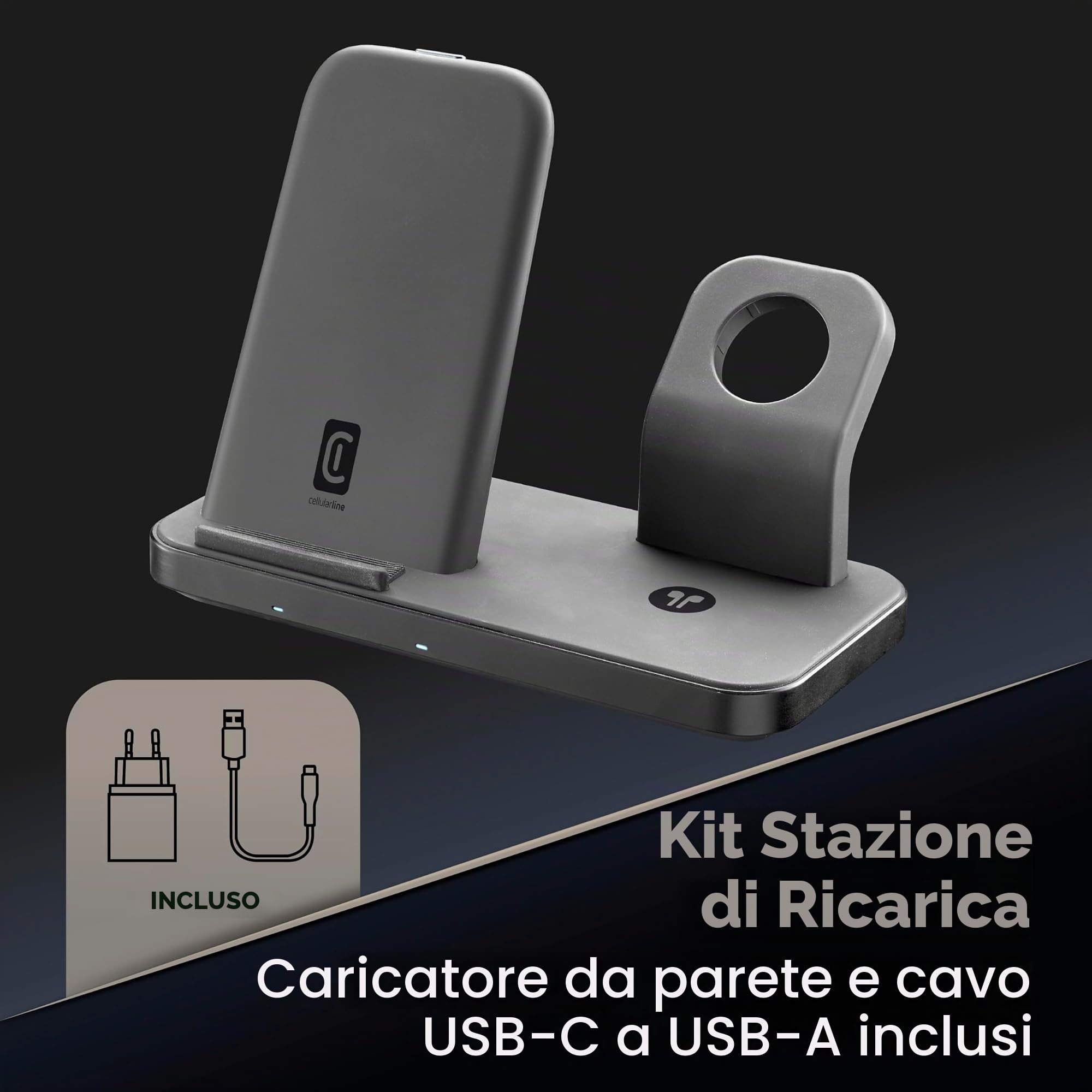 cellularline | TRIO WIRELESS CHARGER | Caricabatterie Wireless 3 in 1 per dispositivi Apple: iPhone, Apple Watch, Airpods, Nero