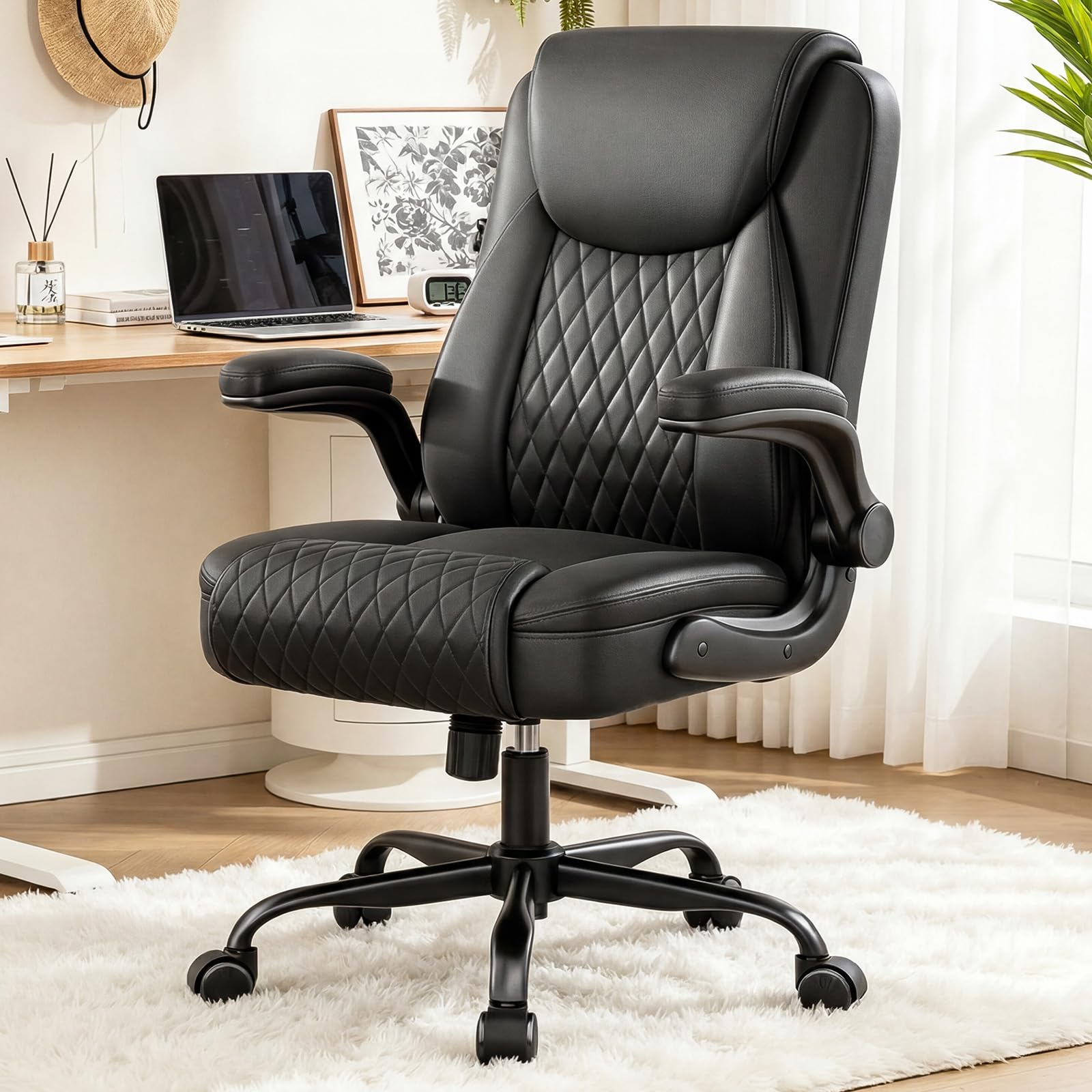 GTPLAYER Bürostuhl Ergonomisch, Schreibtischstuhl, Chefsessel mit Hoher Rückenlehne, Hochklappbaren Armlehnen, Höhenverstellbar, PU-Leder, Extra Breiter Sitz, für Büro & Homeoffice, Schwarz