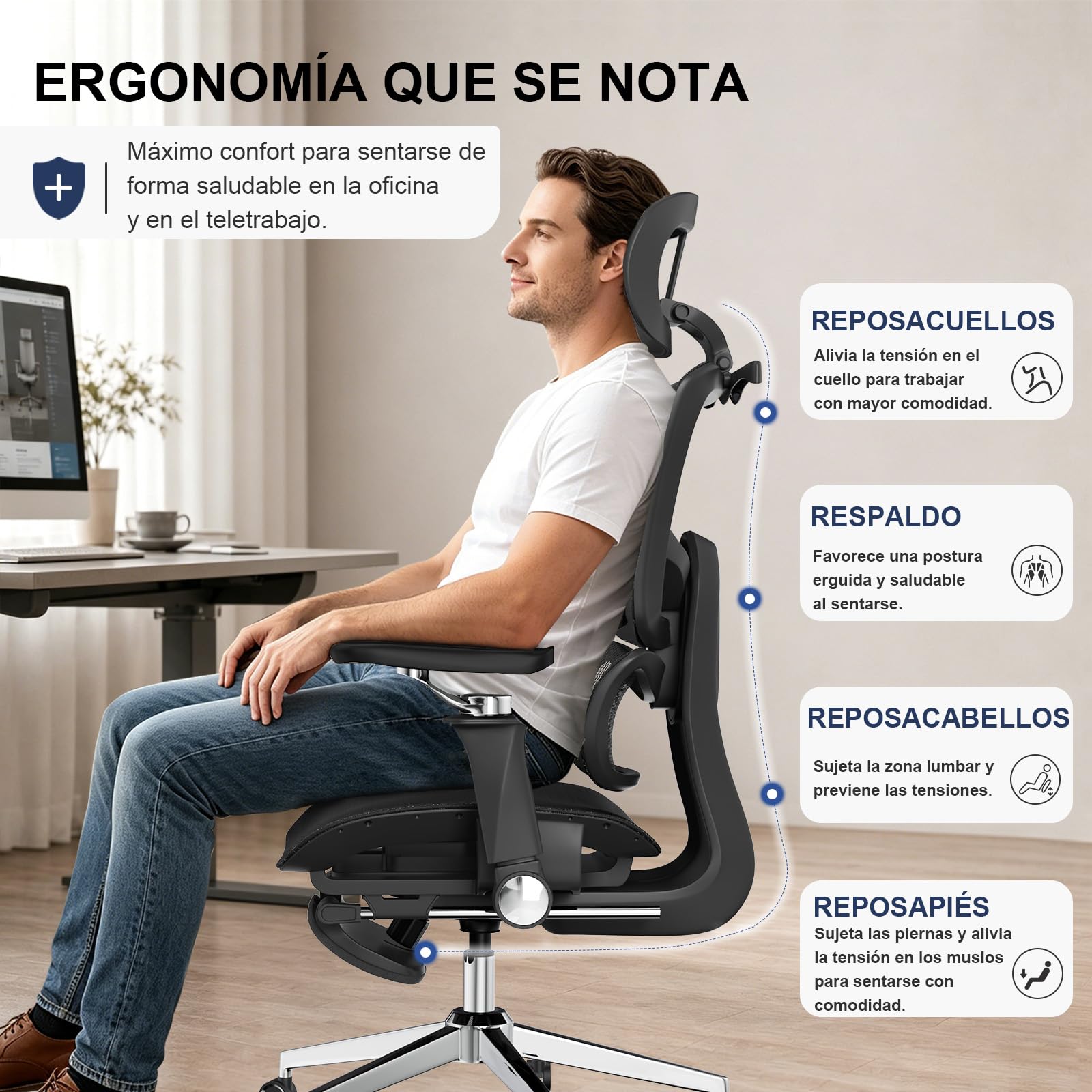 naspaluro Silla de Oficina ergonómica cómoda Silla de Escritorio y reposabrazos 6D Ajustables, Silla de computadora con reposacabezas, reposabrazos abatibles (Negro)
