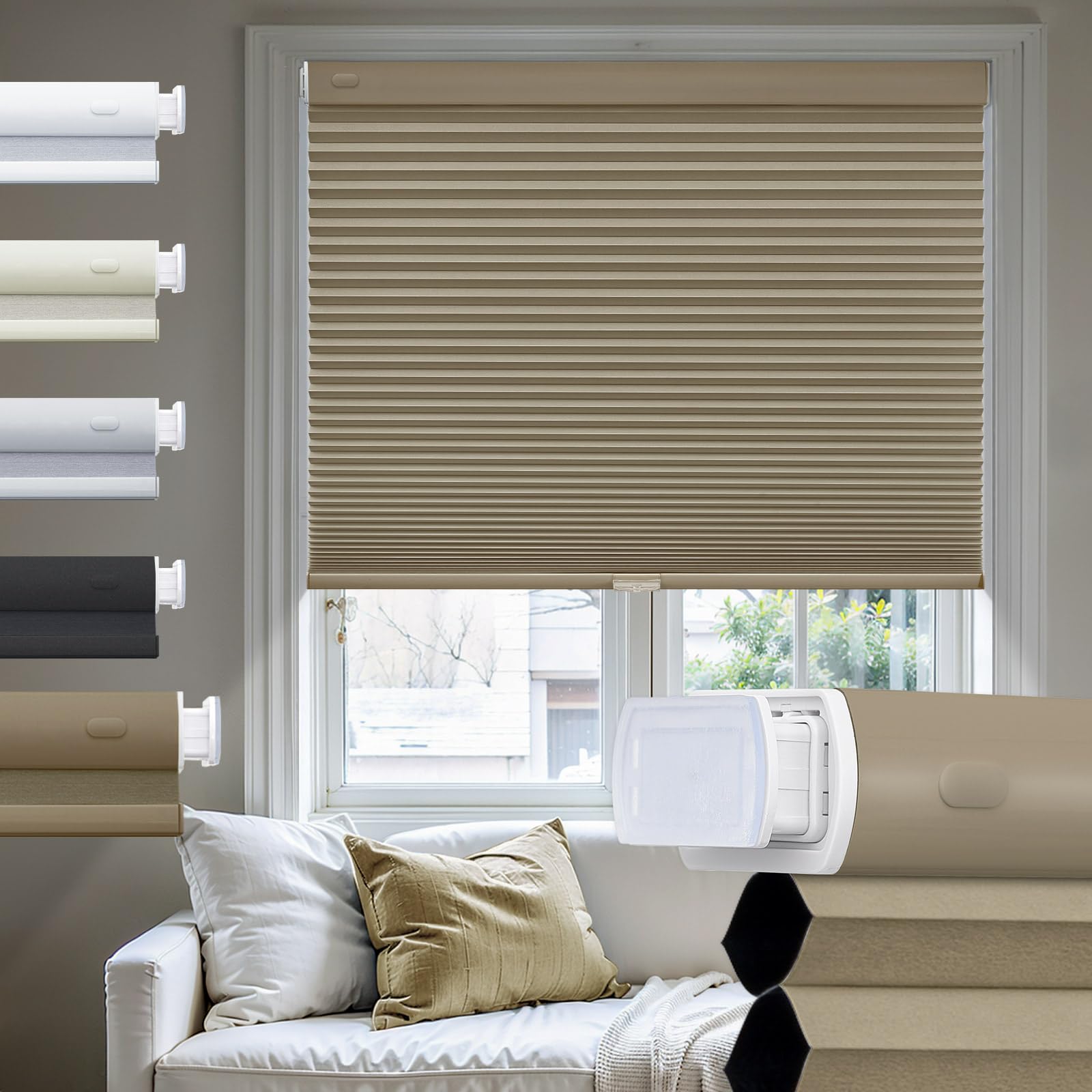 Moonice No Drill Cellular Pleated Blinds for Windows Cordless Cellular Blinds Blackout Color-Matched Thermal Insulated Shades 3.8cm Honeycomb Shade for Home (Coffee, 130cm W x 185cm H)