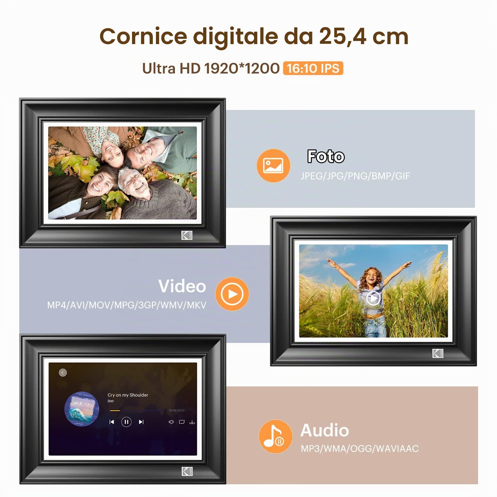 Cornice digitale WIFI 10.1 Pollici, 1920 * 1200 IPS Touch Screen, portafoto digitale con Auto-rotazione, Calendario, Sveglia,tempo metereologico