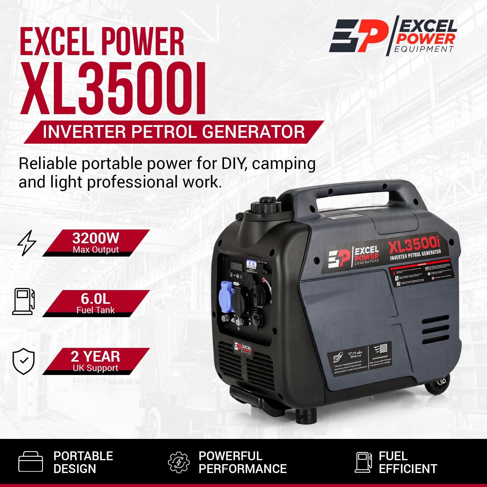 Excel Power - Generador inversor de gasolina de onda sinusoidal real de 3,2 kW, ideal para camping, pesca, autocaravana, aventura al aire libre