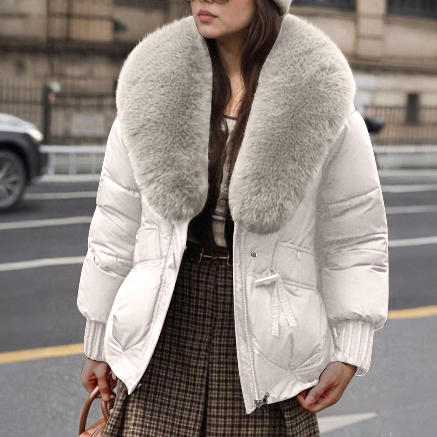Women's Down Jackets & Parkas Oversized Zip up Warm Coat Long Sleeve Thicken Jacket Comfy Outwear with Fur Collar