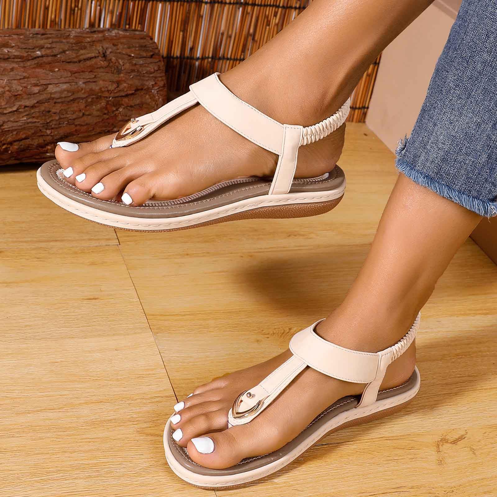 Sandali estivi da donna, stile bohémien, con strass, sandali da spiaggia, scarpe da spiaggia, infradito piatte con tempo libero, casual, con cinturino elastico alla caviglia, per alleviare il dolore