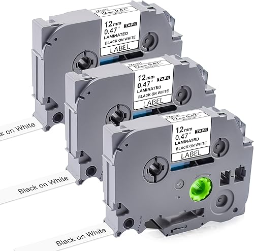 Tze - Cinta adhesiva de 0.472 in 0.47 laminada blanca compatible con cinta Brother de 0.472 in 0.47 repuestos blancos TZe-231 TZe231 negro sobre