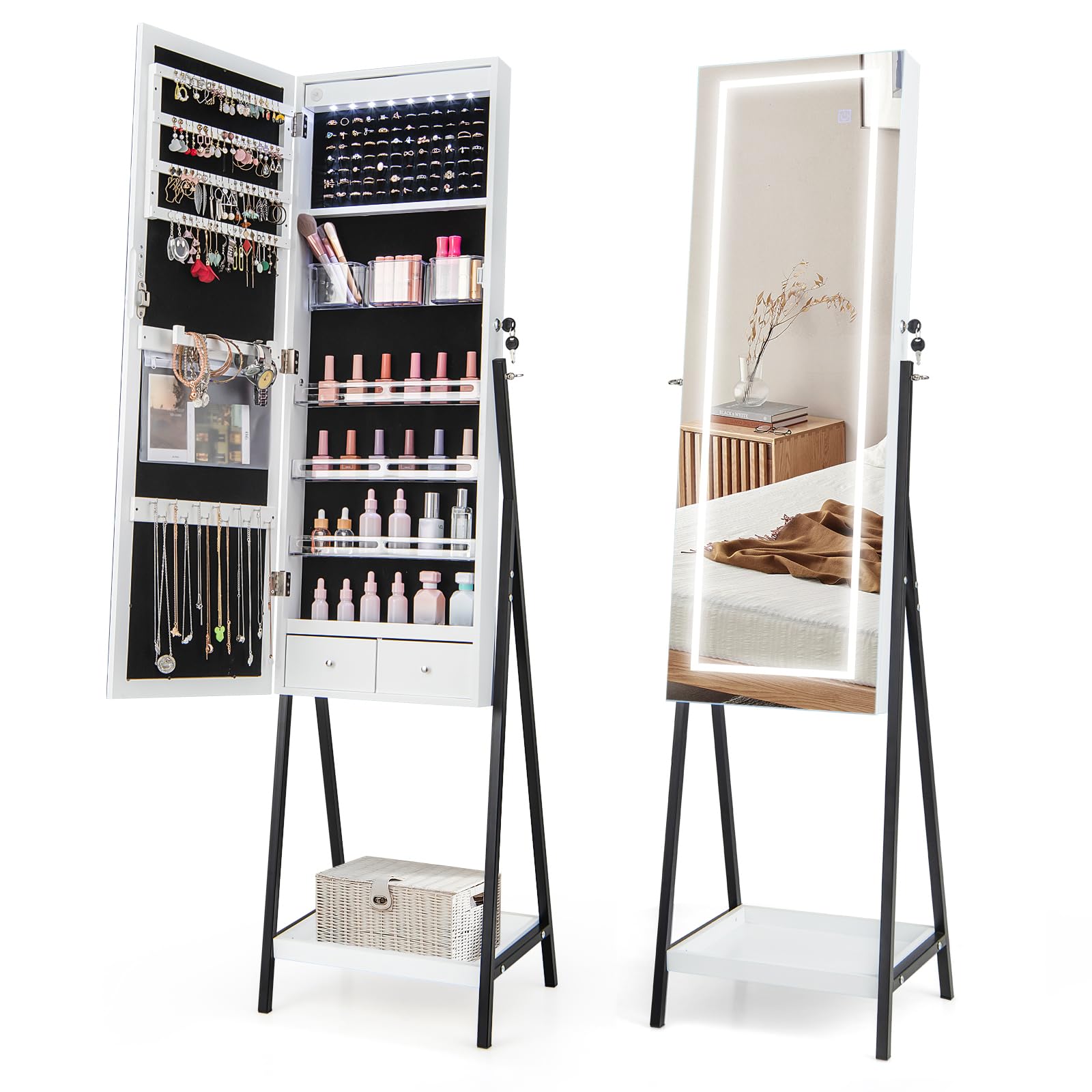 GOPLUS GOPLUS Espejo Joyero con Cerradura con Soporte de Metal, Espejo de Cuerpo Entero, Luz LED de 3 Colores, Luces Interiores, Estante Inferior, Cajones Pequeños para Joyería Cosméticos, 41 x 35 x 160 cm