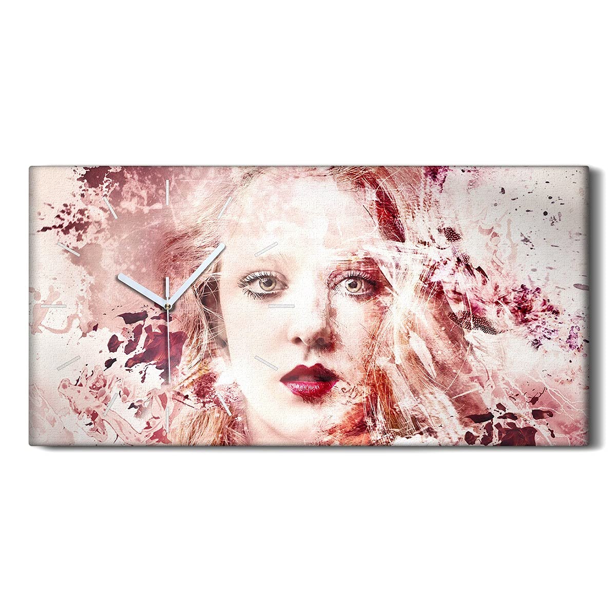 Horloge sur Toile 60x30cm Portrait Femme Rose avec Mains Blanches pour Salon
