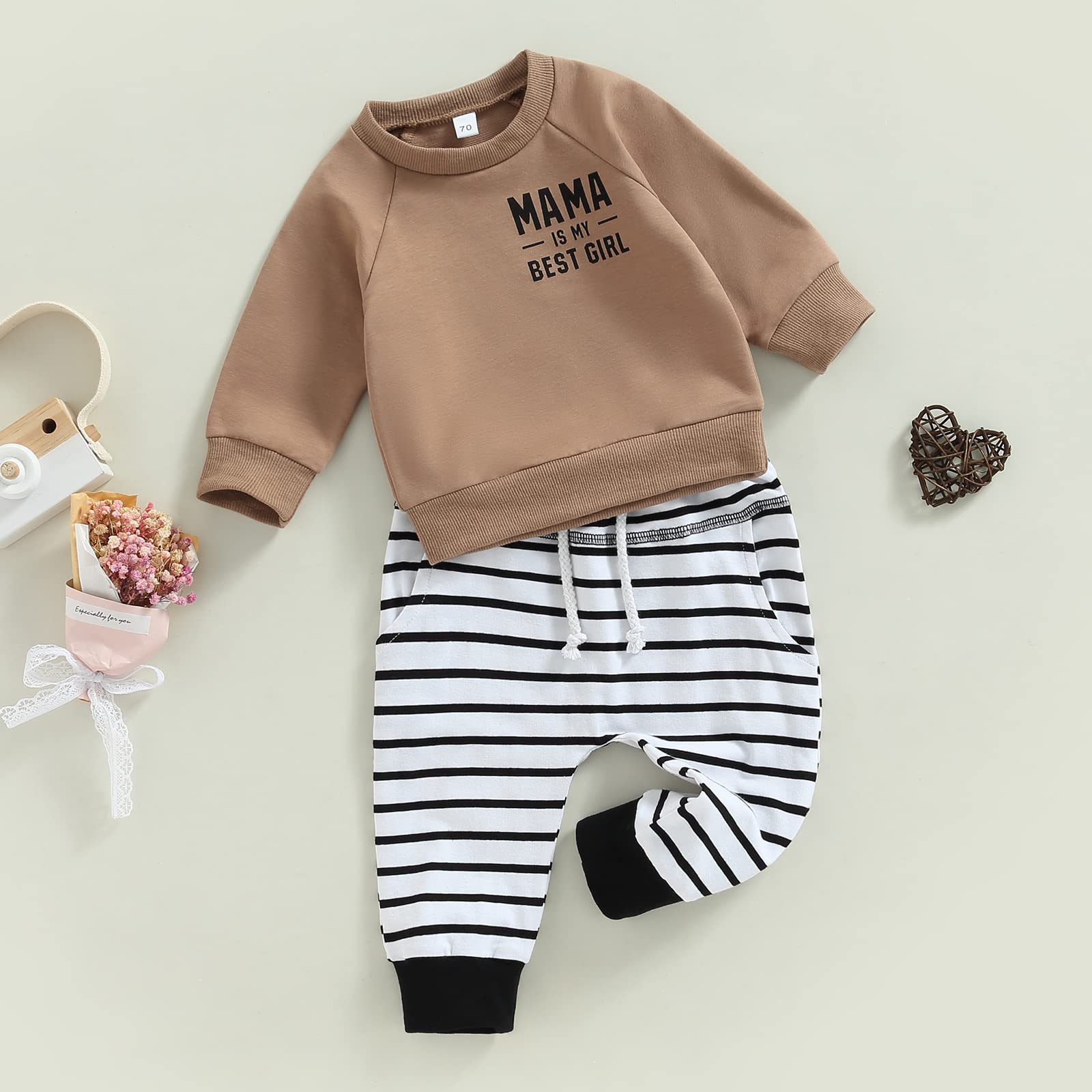 2Pcs Toddler Baby Boy Fall Winter Outfit Letters Print Crewneck Pullover Sweatshirt Tops Striped Pants Casual Clothes Set (Brown, 0-6 Months)