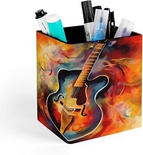 PU Leather Desk Guitar Music Pen Holder Compact Scratchproof | Pencil Cup, Smooth, Versatile Organizer for Office Studio Vanity, Minimalist Square Workspace Decor, Desktop Accessory Supply