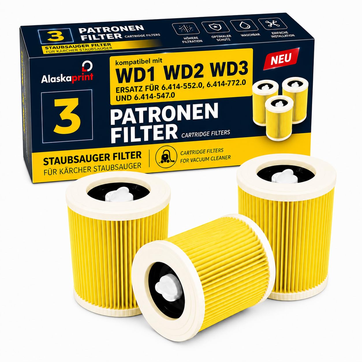 Alaskaprint 3er Set Ersatz-Patronenfilter für Kärcher WD3 WD2 WD1 MV3 MV2 | Praktisches 3er-Set Ersatz für 6.414-552.0, 6.414-772.0, 6.414-547.0 Für Nass- und Trockensauger