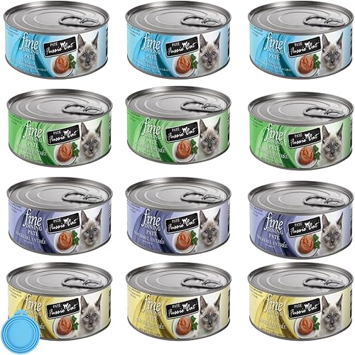 Fussie Cat Fine Dining Paté - Alimento húmedo enlatado sin cereales para gatos, paquete variado de 4 sabores con tapa de lata (12 latas) (atún y