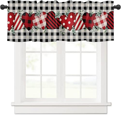 TOUBE Cortina de cenefa para ventana, con forma de corazón, diseño de búfalo blanco y negro, cenefa de ventana para cocina, sala de estar, baño,