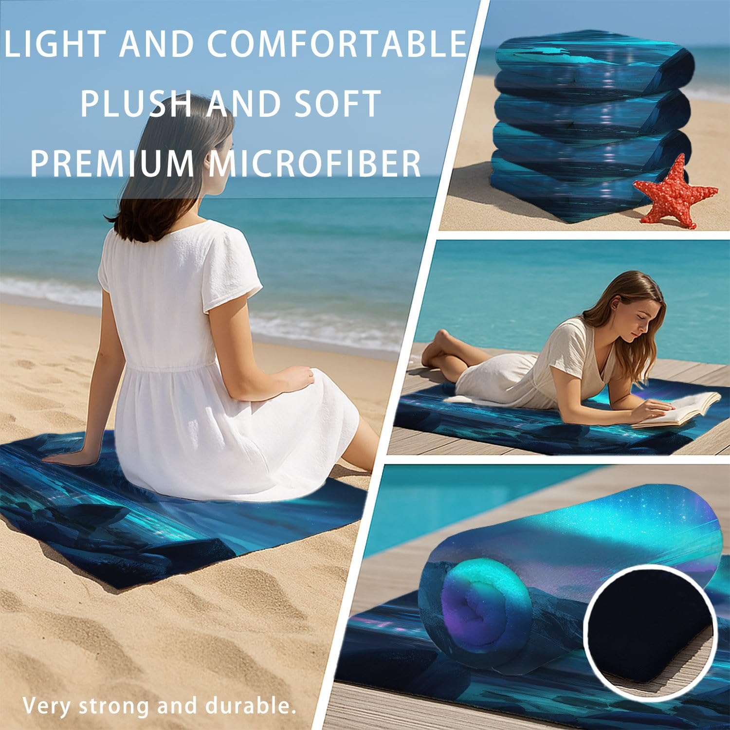 Asciugamano da spiaggia in microfibra Dreamy Ethereal, telo da spiaggia elegante natura paesaggio, cielo notturno, aurora, ghiaccio, asciugatura rapida, anti sabbia e leggero, asciugamano da bagno