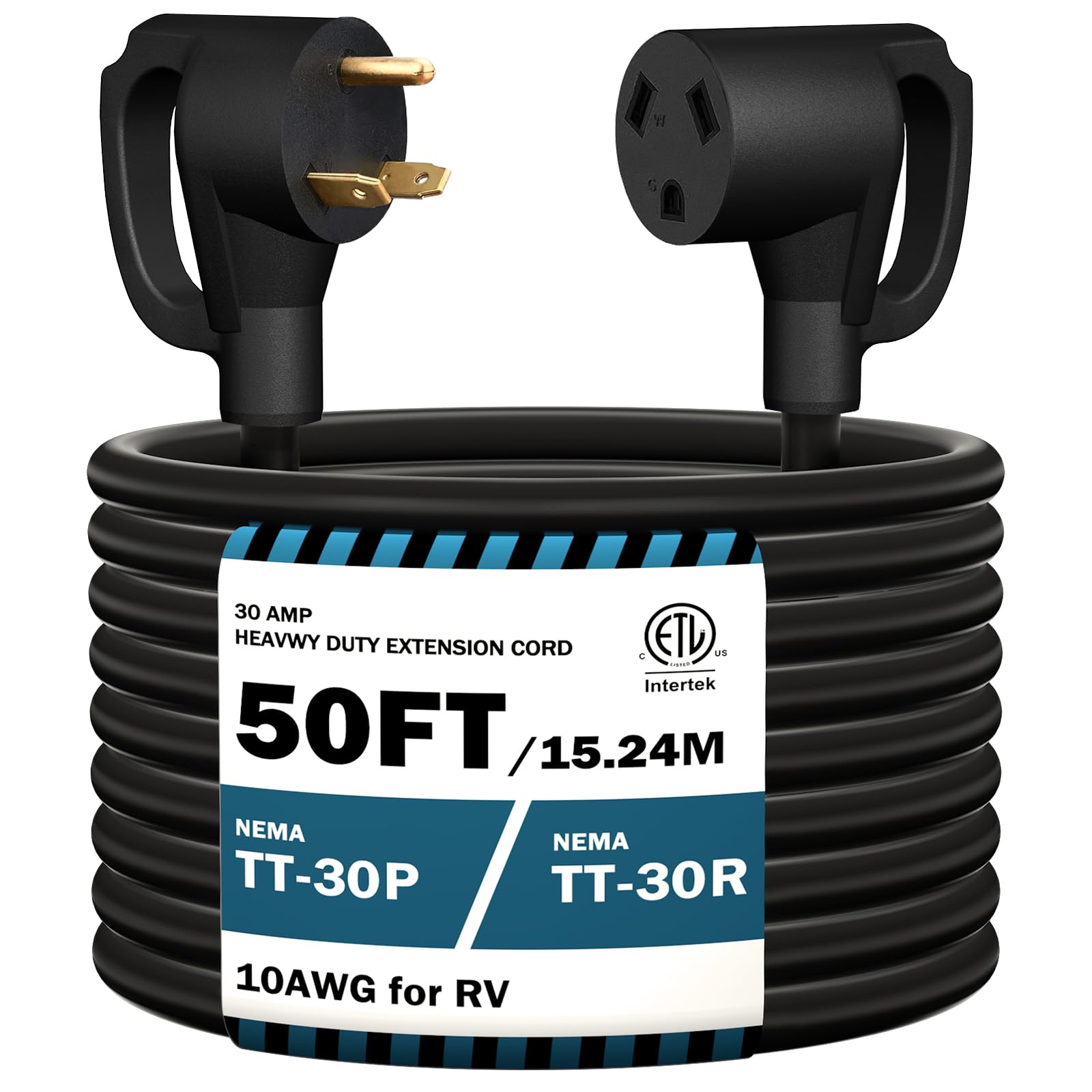 50FT RV Extension Cord 30 Amp, RV Power Extension Cord NEMA TT-30P Male to TT-30R Female Heavy Duty 10 Gauge STW 3-Wire for RV Trailer Campers 125V, 3750W, ETL Listed (50FT 30AMP)