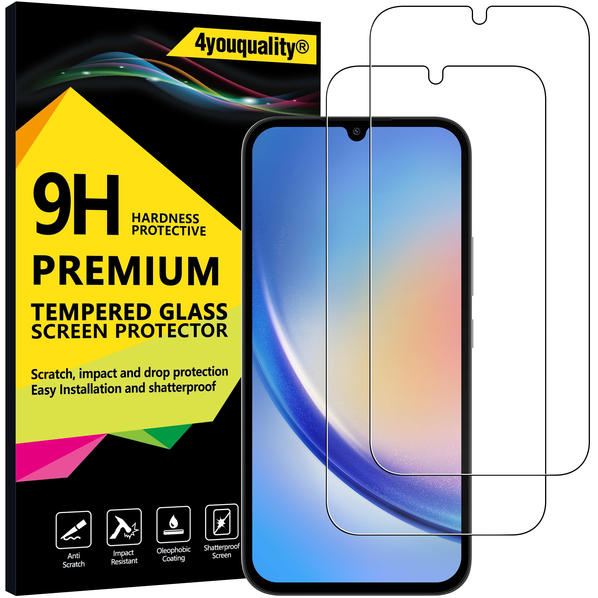 4youquality Screen Protector for Samsung Galaxy A34 5G, 9H Tempered Glass Film, 2-Pack, [LifetimeSupport][Impact-Resistant][Anti-Scratch]