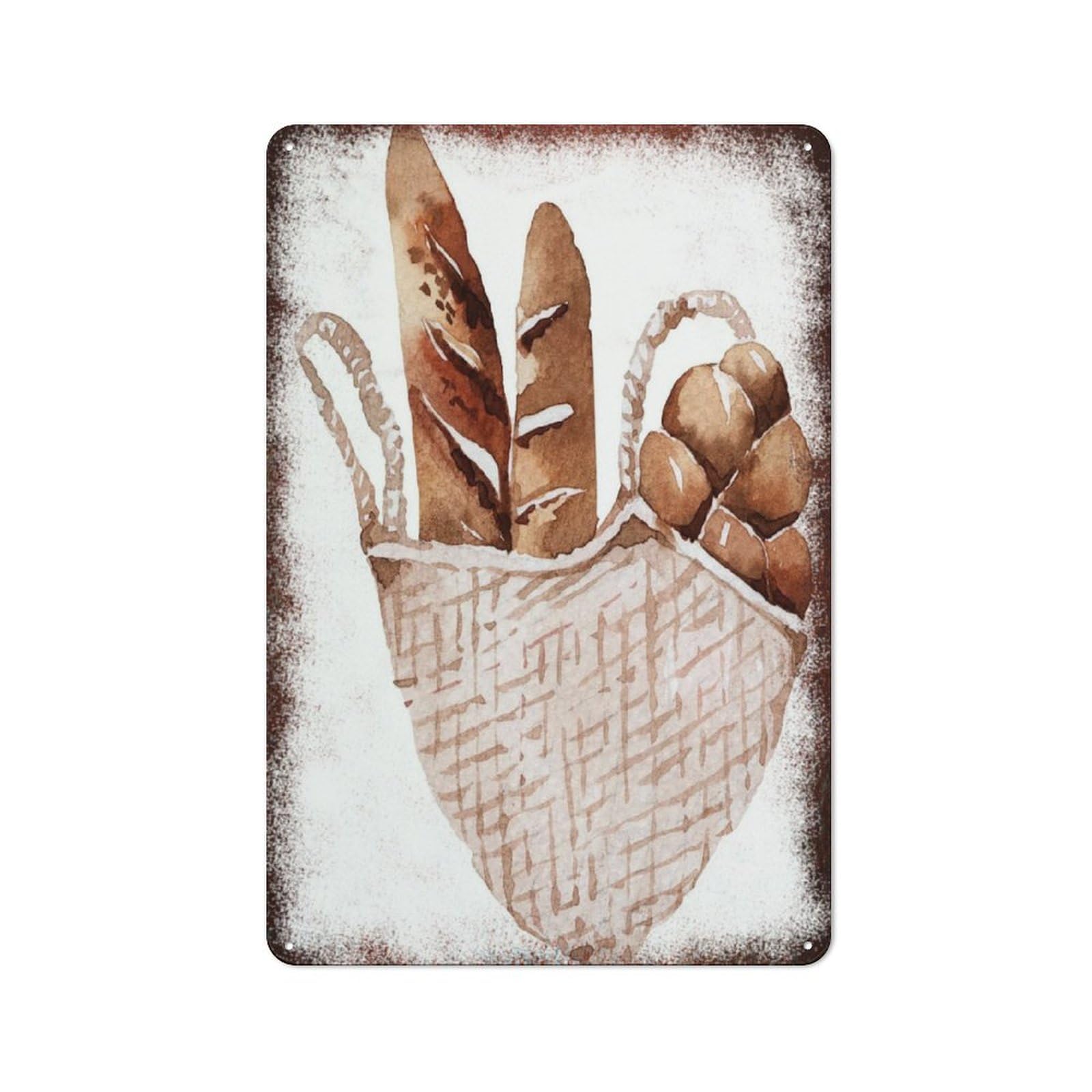 Metal Tin Sign Bread Basket Minimalist Watercolor Pattern Vintage Rustic Wall Art Kitchen Bathroom Bedroom Living Room Cafe Farmhouse Office Garage Home Bar Laundry Room Porch Patio 12x16 Inch