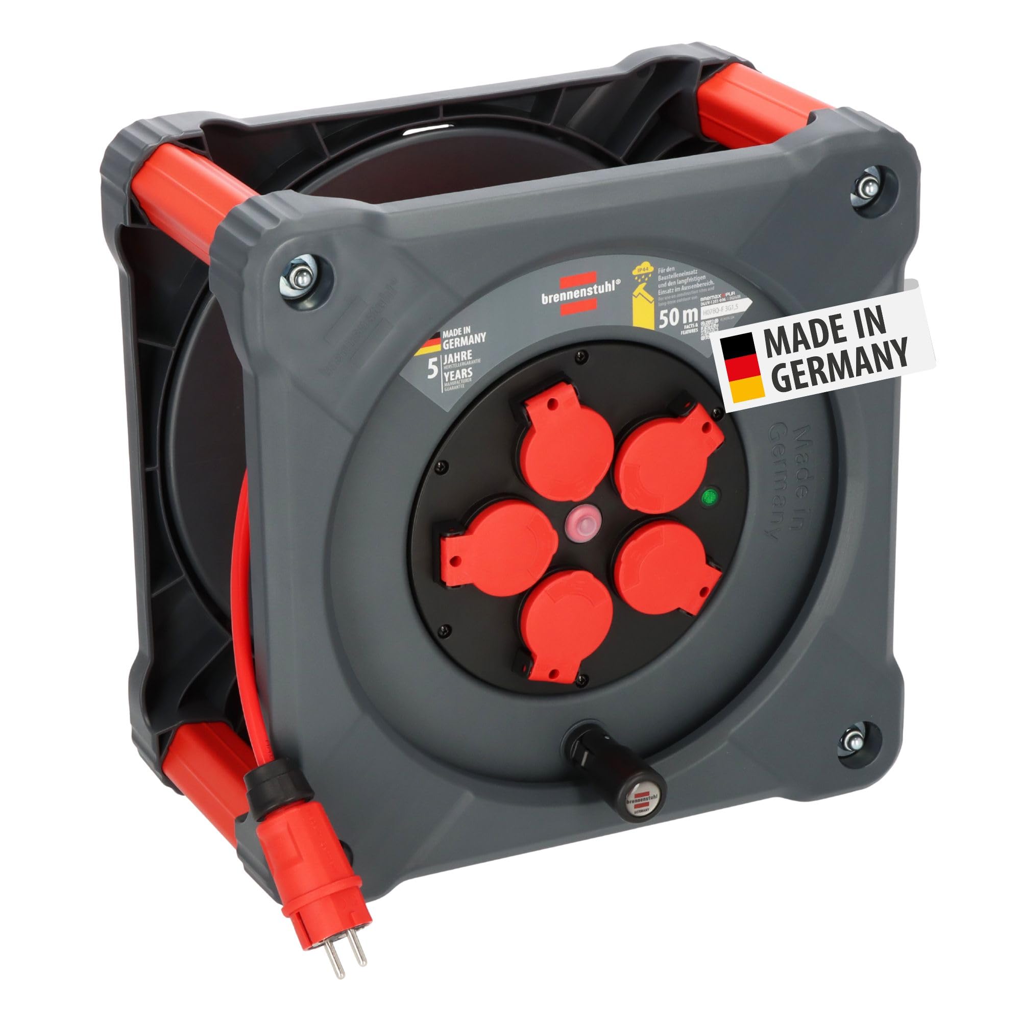 Brennenstuhl Professional KA 5110 5 IP44 avvolgicavo da cantiere (cavo BQ da 50 m in rosso, 5 prese di sicurezza, uso in cantiere e uso esterno permanente, Made in Germany)