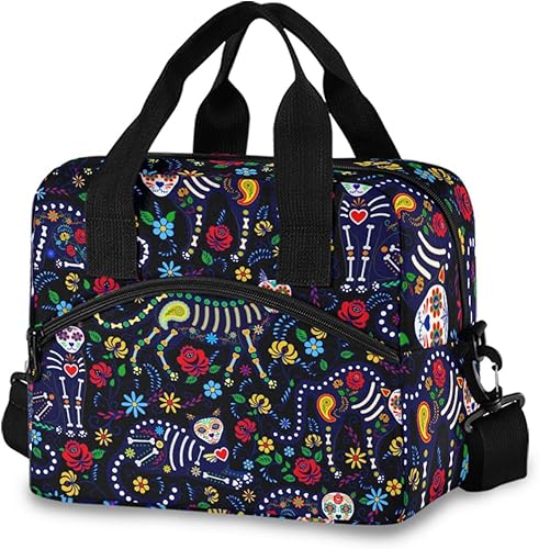 Bolsa de almuerzo aislada con diseño de gatos y calaveras de azúcar, bolsa de almuerzo reutilizable, bolsa refrigerante para mujeres, caja de