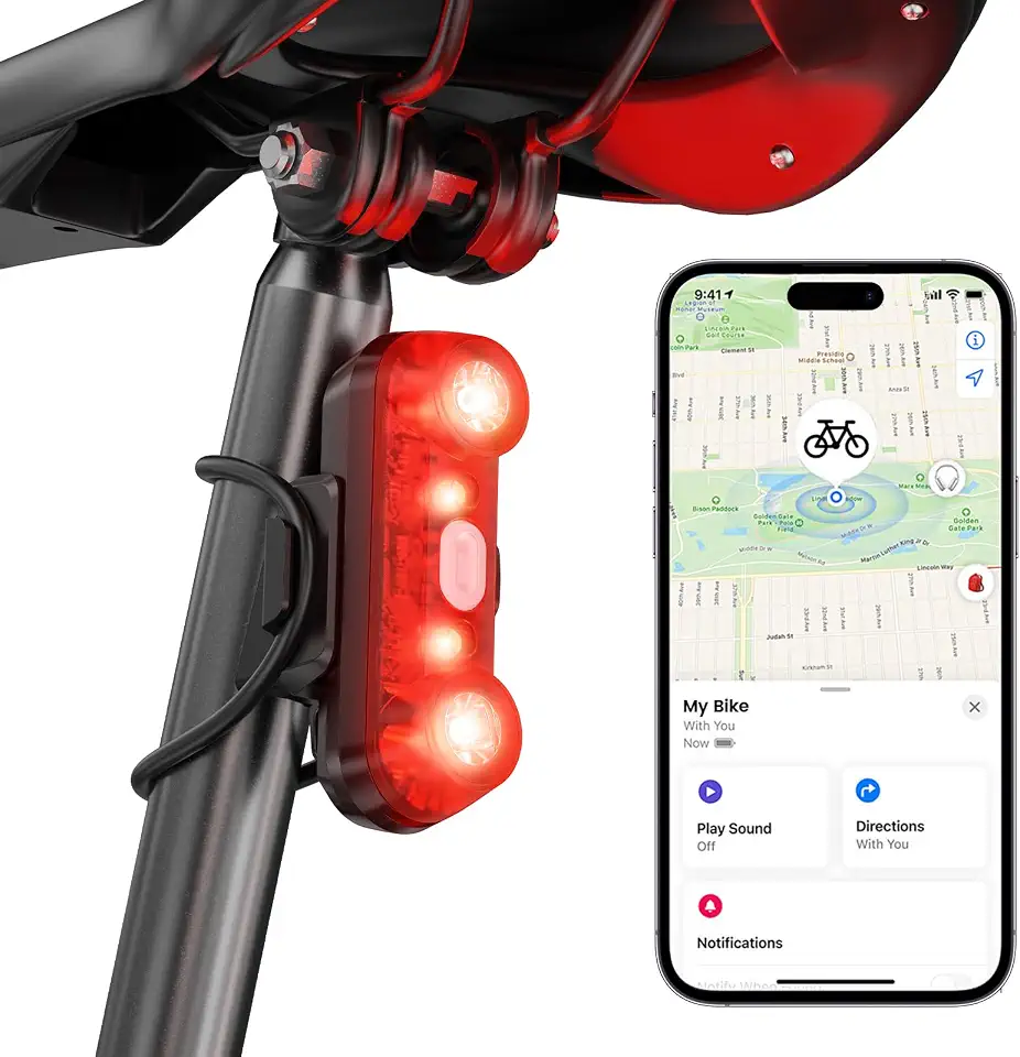 Luz traseira de bicicleta com rastreador de bicicleta, pista de GPS em tempo real (apenas iOS, funciona com Apple Find My), 3 modos de luz, recarregável tipo C, à prova d'água IPX6, luz