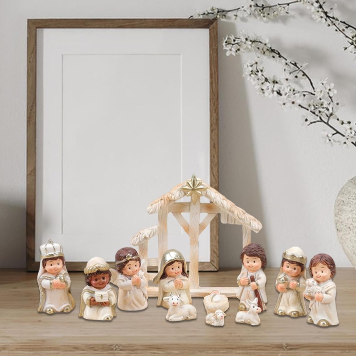 12 Pieces Christmas Nativity Figurines Holy Family Statues Miniature Detailed Resin Decor for Fireplace