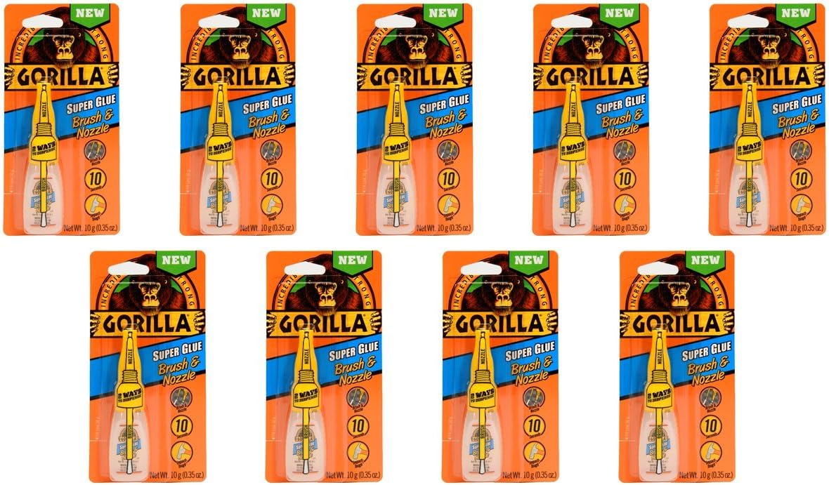 Gorilla Super Glue with Brush & Nozzle Applicator, 10 Gram, Clear, (Pack of 9)
