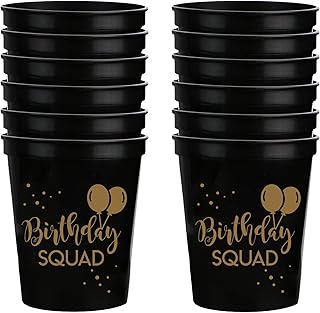 Birthday Squad Party Cups, Set of 12, 16oz Birthday Stadium Cups, Perfect for Birthday Parties, Birthday Decorations, All Birthday Events! (Black)