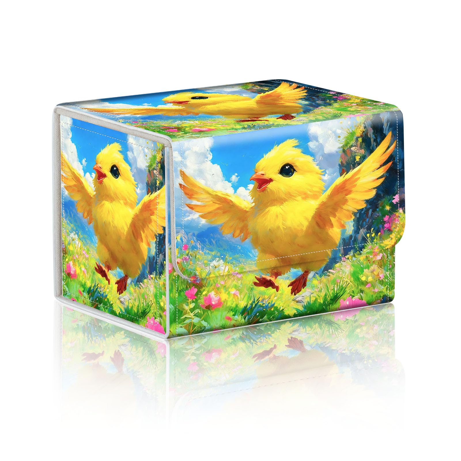 DISUOFEART Trading Card Storage Box, Holds 100+ for MTG Cards, Premium PU Leather with Magnetic Closure, Yellow Chick In Flower Field Durable Deck Box for Magic the Gathering, Trading Card Games