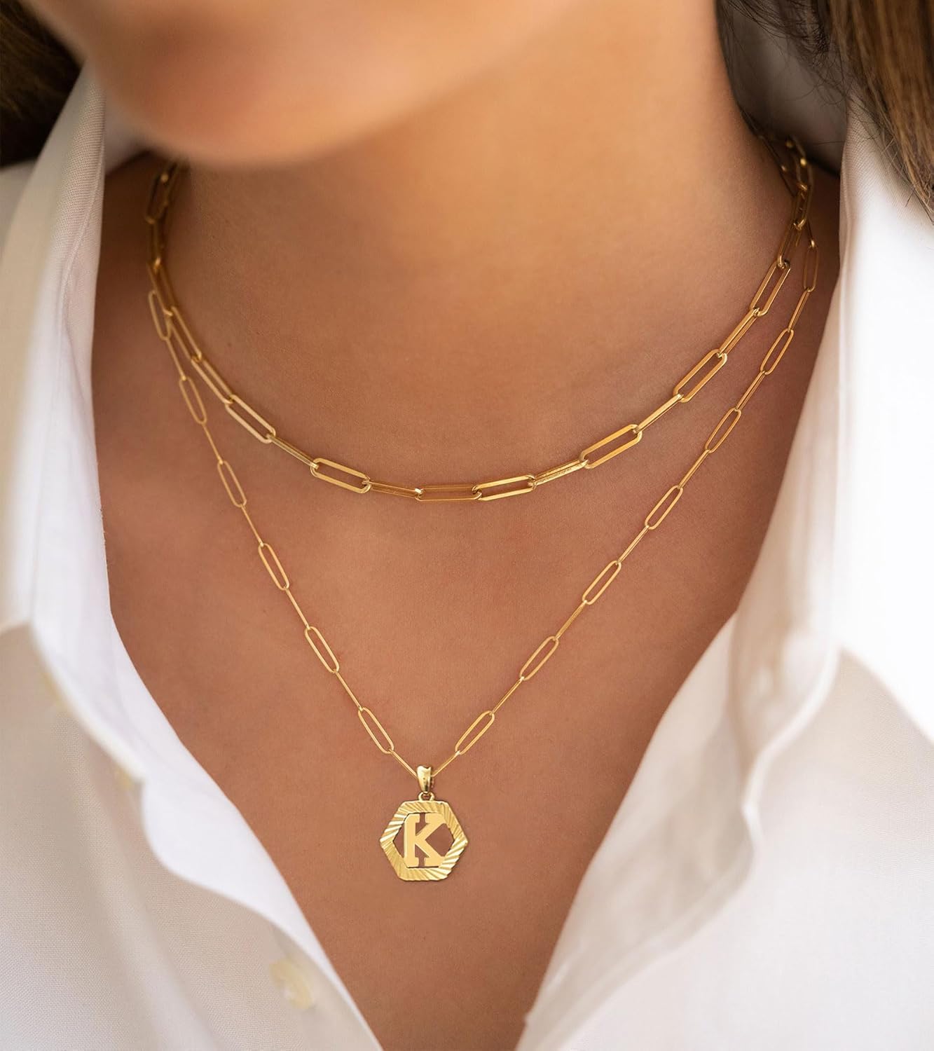 Initial Necklaces for Women,Dainty Gold Letter Necklace 18K Gold Plated Paperclip Chain Necklace Trendy Personalized Monogram Name Necklace Hexagon A-Z Pendant Choker Layered Gold Necklaces - Image 2