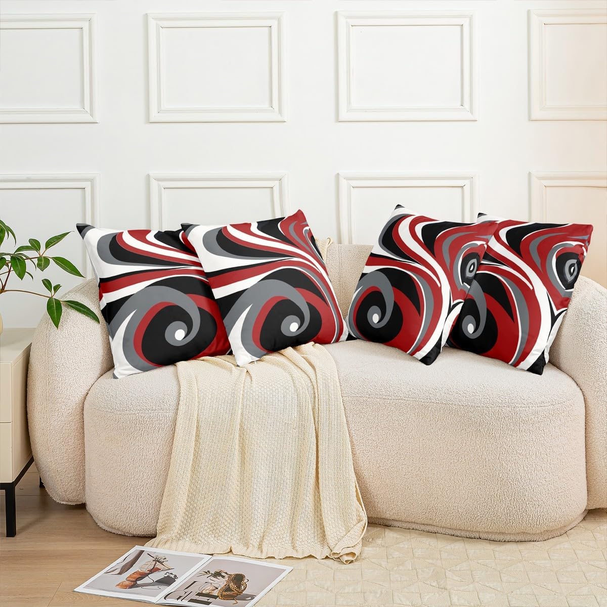 Pack of 4 Geometric Decorative Throw Pillow Covers, Soft Geometric Stripe Line Red Black White Grey Square Cushion Case Set for Couch Sofa Bedroom Living Room, Pillow Cases Pillowcases, 20x20 Inches