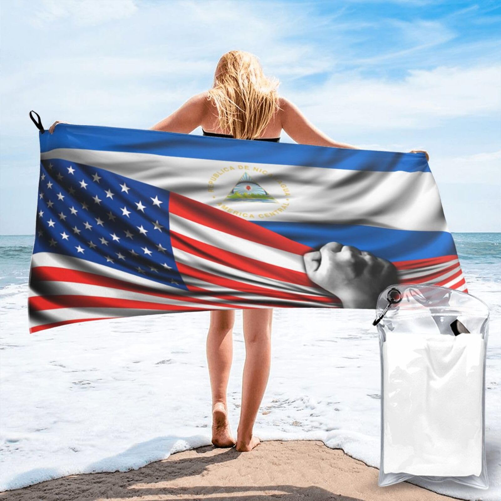HACXZ Beach Towel America Flag and Nicaraguan Nicaragua Flag Microfiber Beach Towel Lightweight Absorbent 27.5"X55"