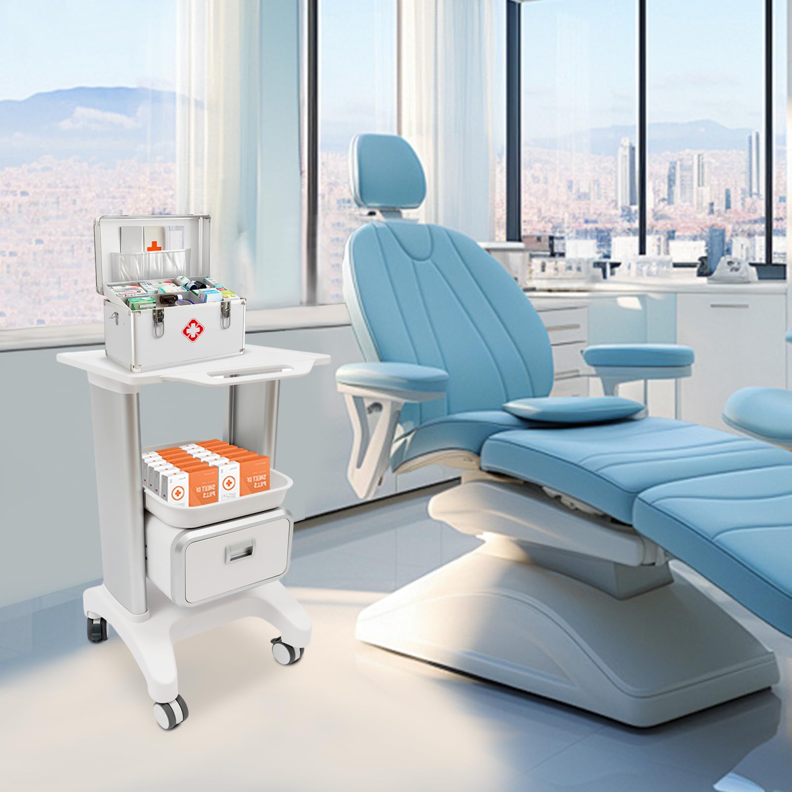 Carrello di servizio medico professionale,Carrello medico con 1 cassetti 4 ruote universali silenziose capacità di carico 60 kg, per laboratorio, armadietto dentale e salone di bellezza