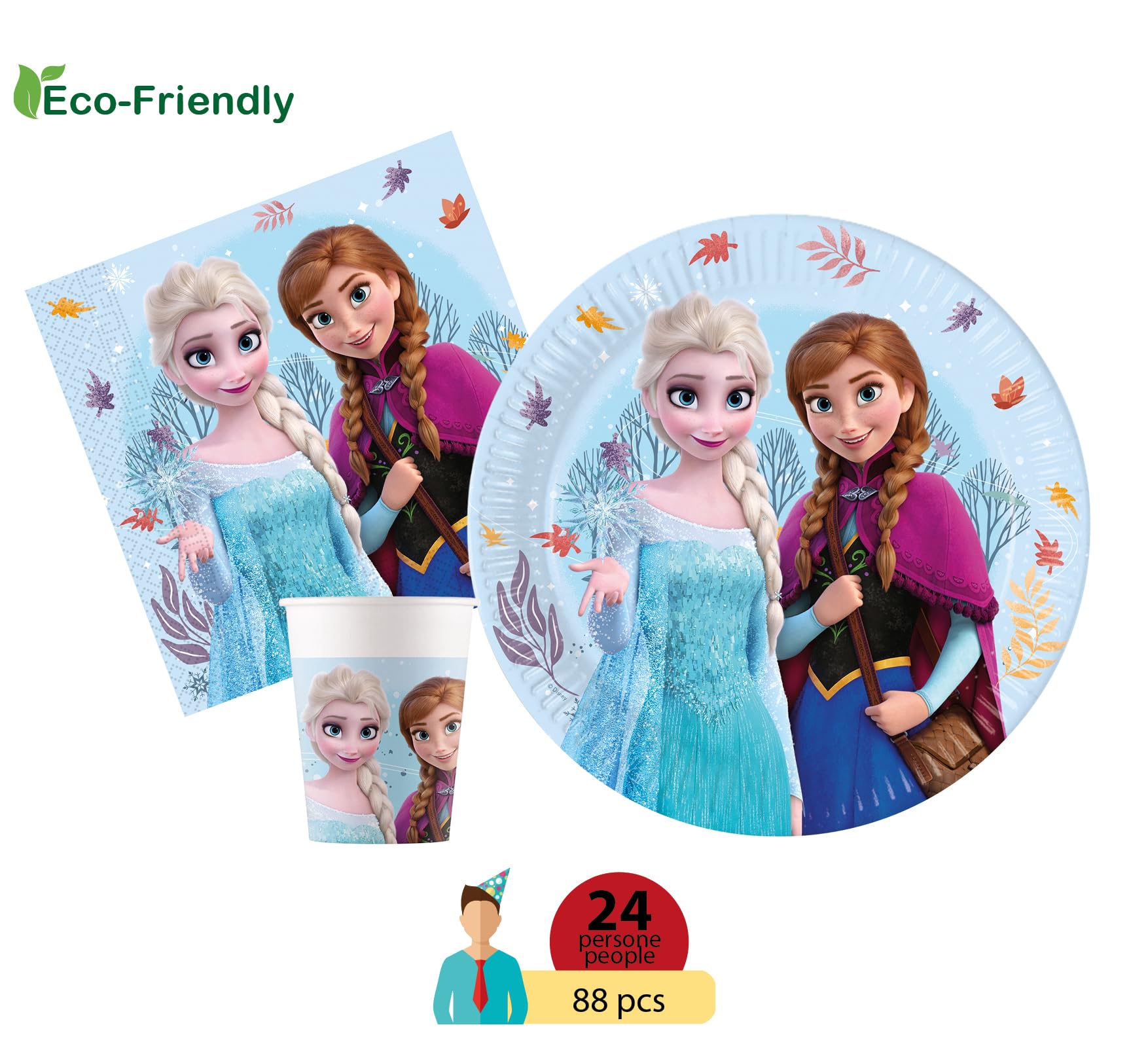 Ciao Kit Party Tavola Disney Frozen Idyllic Wonder per 24 persone (88 pezzi: 24 piatti Ø23cm, 24 bicchieri 200ml, 40 tovaglioli 33x33cm) in carta FSC compostabile eco-friendly
