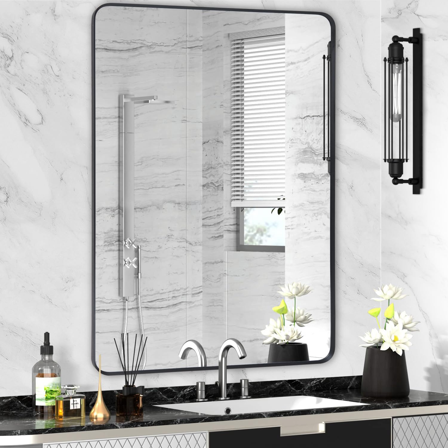 Amazon.com: Minuover Black Metal Framed Bathroom Mirror for Wall