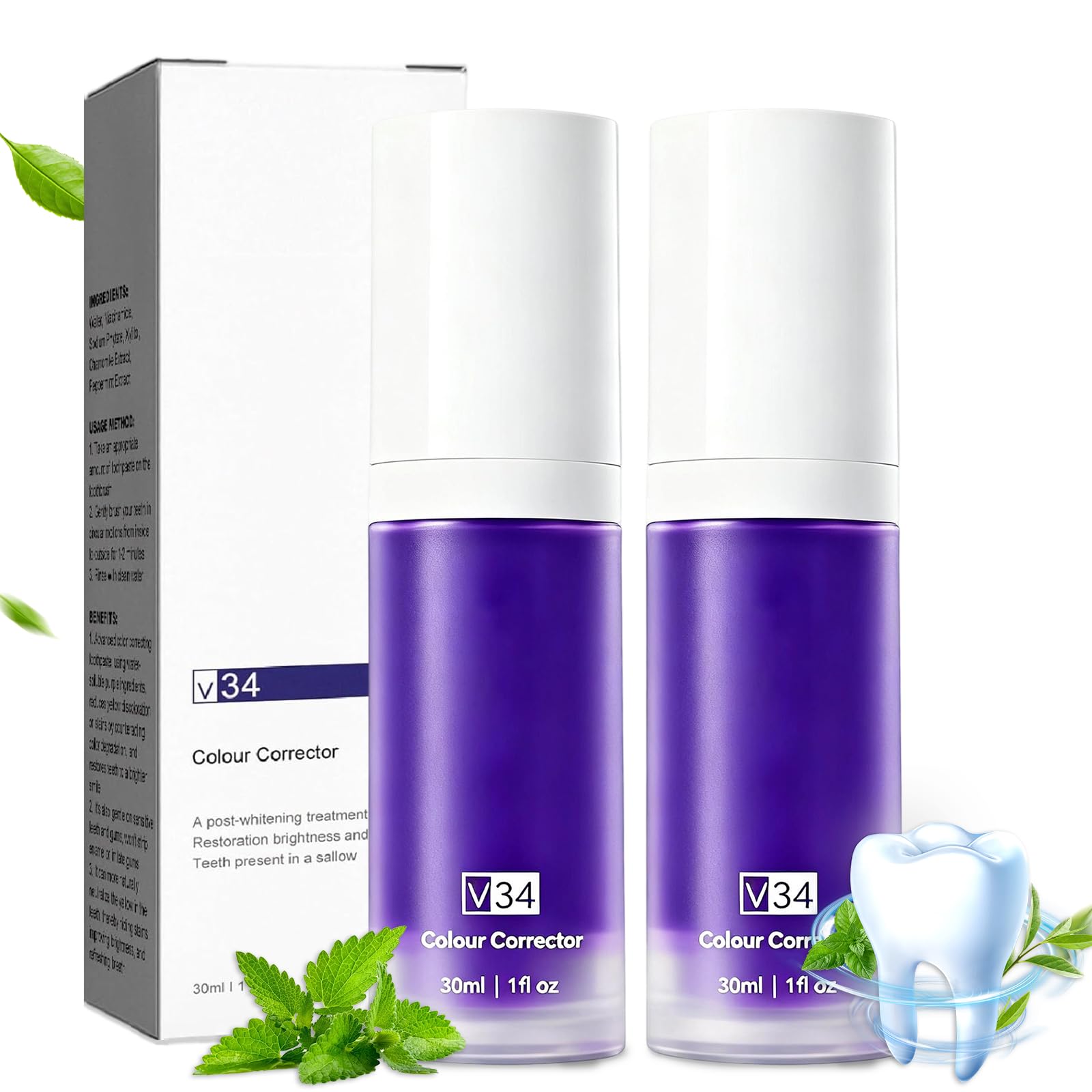 2Pcs V34 Dentifricio Viola, Sbiancante Denti Dentifricio Viola, Pasta Dentifricia Correttore Di Colore, Neutralizzando Le Macchie Gialle Dei Denti, Unisex