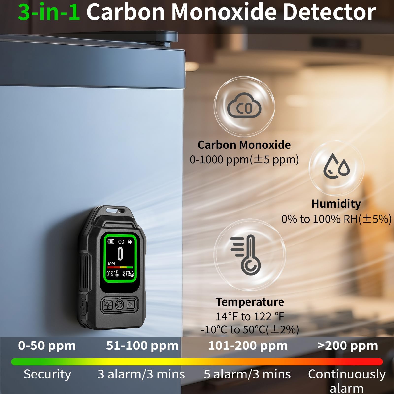 3 in 1 Tragbarer CO Melder mit Temperatur Luftfeuchtigkeit, Kohlenmonoxid Melder mit TFT Bildschirm, Upgrade CO Warner Kohlenmonoxidmelder mit Magnetischer Rückseite